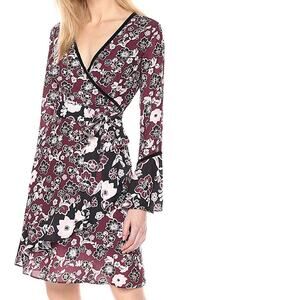 NWT Ella Moon Lena Ruffled Sleeve V- Neck Wrap Dress Women's Medium Maroon,Black